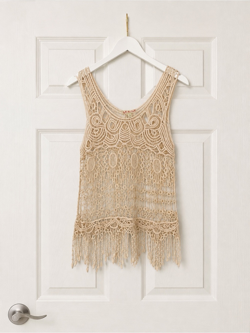 It's Our Time Beige Crochet Fringe Camisole Top Medium Coastal Chic Fairy Boho